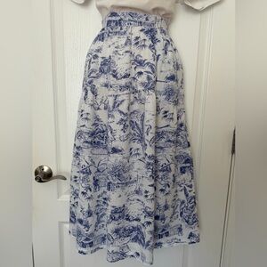 Joie Blue White 100% Linen Tropical Toile De Jouy Midi Maxi Skirt, Size L